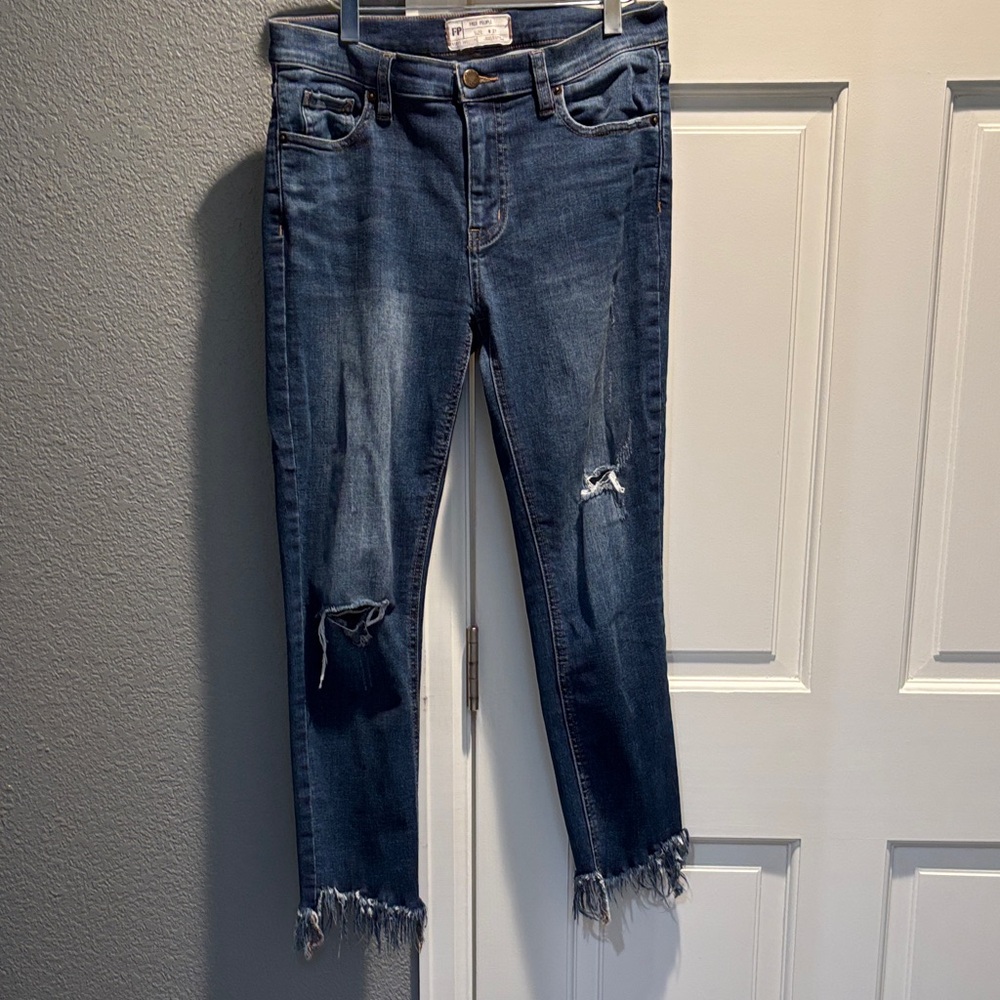 Free People Dark Blue Distressed Cropped Jeans